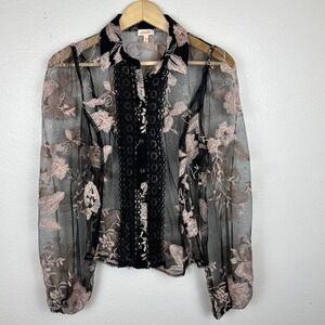 Embroidered Sheer Mesh Black Top Large Fairy Grunge Coquette Balloon Sleeves